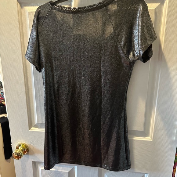 BKE Top new with tags Black shiny top with lace around v neck - Picture 3 of 3
